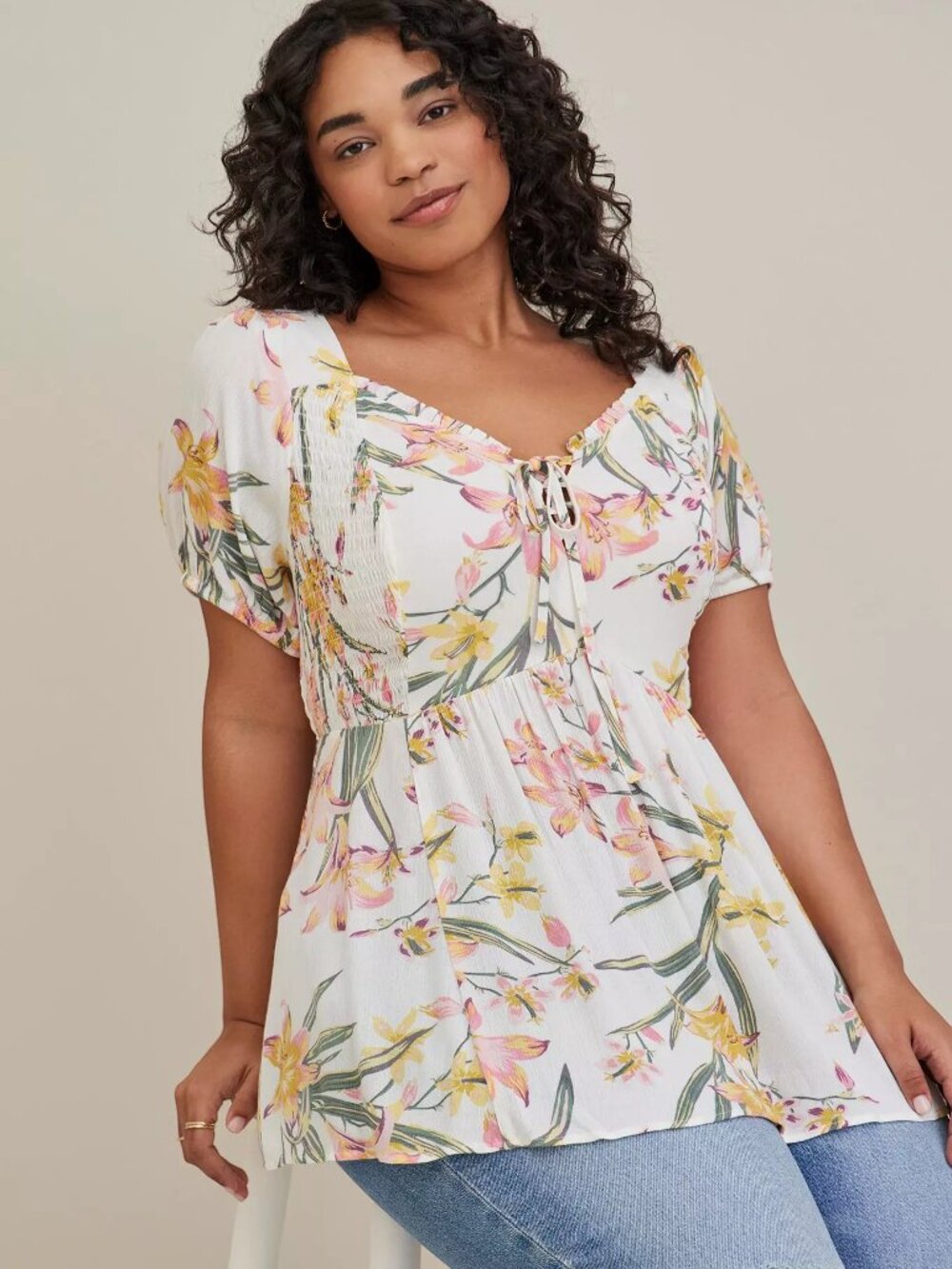 Torrid Babydoll Top Crinkle Gauze Smocked Back in White with Lily Floral Print